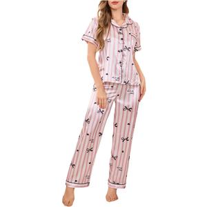 WDIRARA Women's Striped Bow Print Satin Pajama Set Short Sleeve Button Down Pants Pjs 2 Piece Sleepwear Multicolor Large