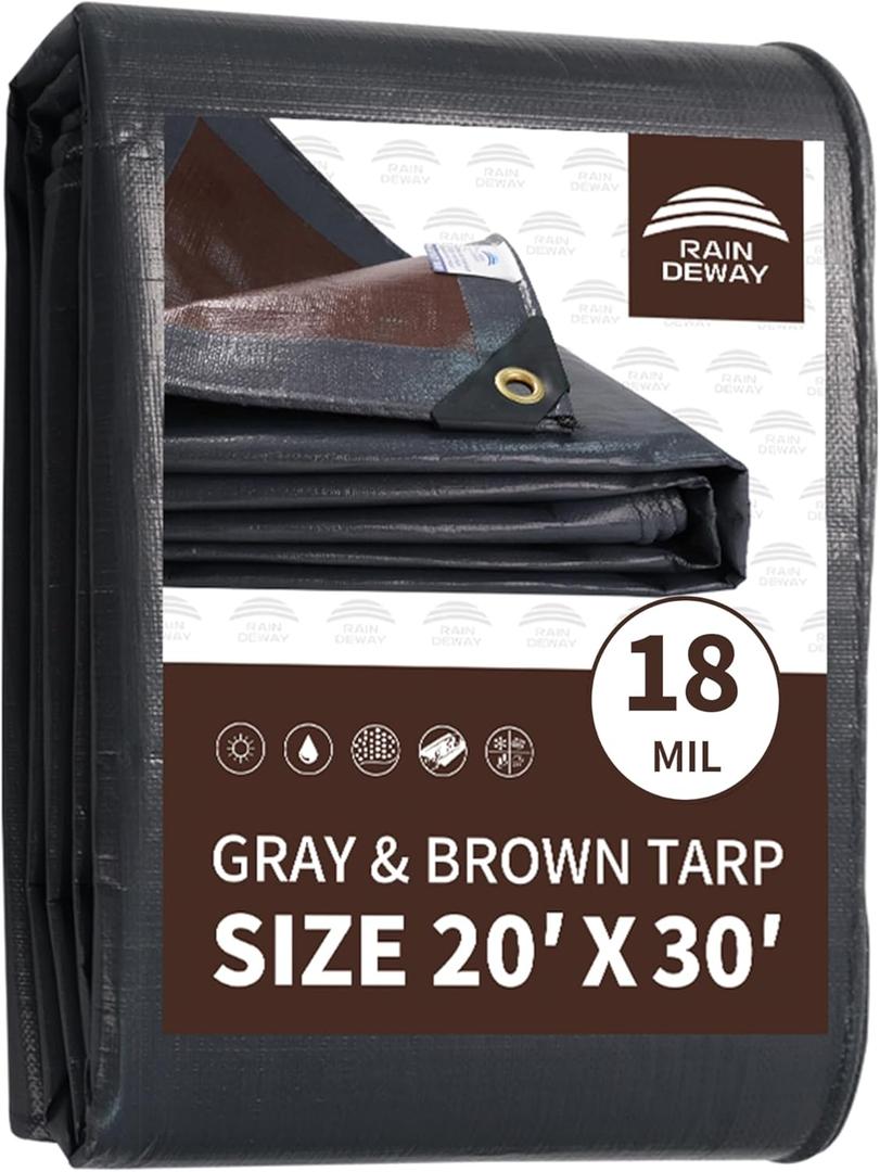 RAINDEWAY 20x30 Feet Super Heavy Duty Tarp 18 Mil, UV Resistant, Weatherproof, Multipurpose Waterproof Poly Tarp with Grommets and Reinforced Edges, Brown/Gray Tarps