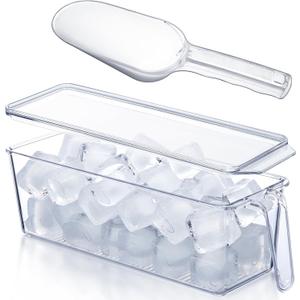 Havawish Ice Storage Bin for Freezer with Lid and Flexible Scoop Set Plastic Ice Container with Lid Handle for Home Office Fridge Storage (12.4 x 3.94 x 3.94 Inches,Clear,2 Pcs)