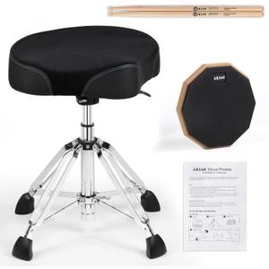AKLOT Saddle Drum Throne, Disassemble Hydraulic Drum Throne with Drum Stick Drum Pad, Heavy Duty Drum Seat, Height Adjustable Suede Drum Chair, Motorcycle Style Drum Stool for Adults Drummers Black, 25.68 inches x 16.92 inches