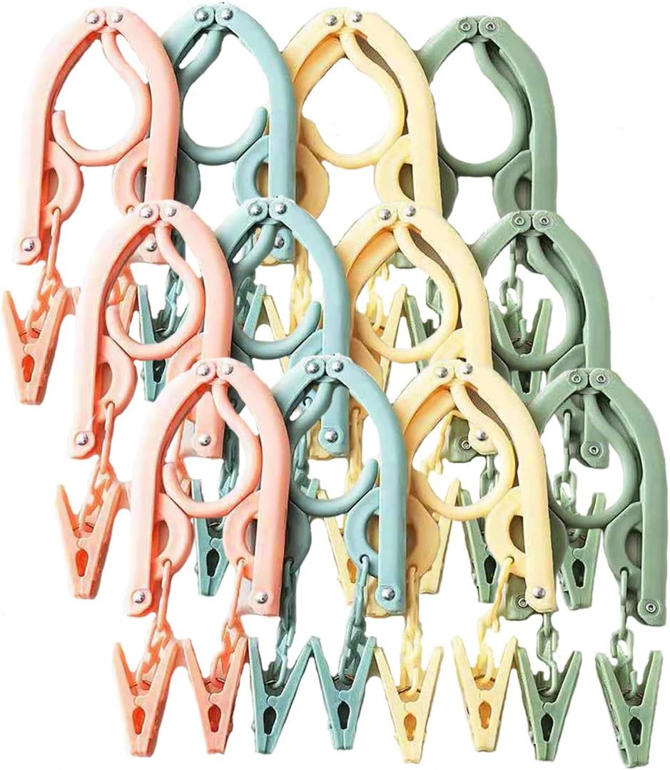 12Pcs Foldable Travel Hangers, Plastic Folding Clothes Hangers Multifunctiona Portable Hangers for Travel Dormitory School Hotel Women Laundry Coat Bag Drying (with Clips)
