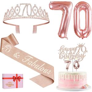 70th Birthday Decorations for Women, Including 70th Birthday Sash and Tiara, Cake Topper and Candles, Number Balloons, 70 Year Old Gifts Women