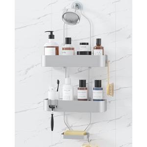 Kitsure Shower Caddy Hanging - No-Drill Bathroom Organizers and Storage, Wobble-Free Bathroom Shelves with Adhesive Tapes, Rust-Proof Shower Storage for Toiletries, Silver, 25.0" H