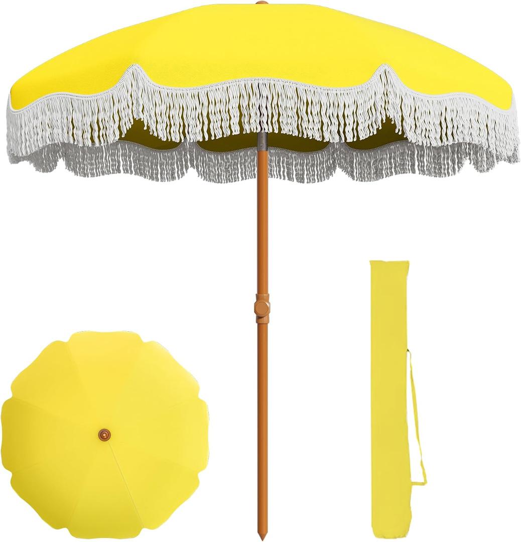 AreShark 7ft Patio Umbrella with Fringe, UPF50+ Beach Umbrella for Table, Pool & Garden, Portable Outdoor Tassels Umbrella w/Fiberglass Ribs&Push Bottom Tilt(Yellow)