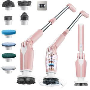 Leebein Electric Spin Scrubber, Shower Scrubber with 4 Adjustable Angles and 8 Brush Heads, Electric Scrubber with Long Handle & Remote Controller, Cleaning Brush for Bathroom, Tub, Floor (Pink)