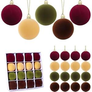 16 Pcs Red Velvet Christmas Balls, 3.15 Inch Velvet Ornaments for Christmas Tree, Flocked Ornaments Balls for Wreath Garland - Burgundy, Brown, Green, Khaki