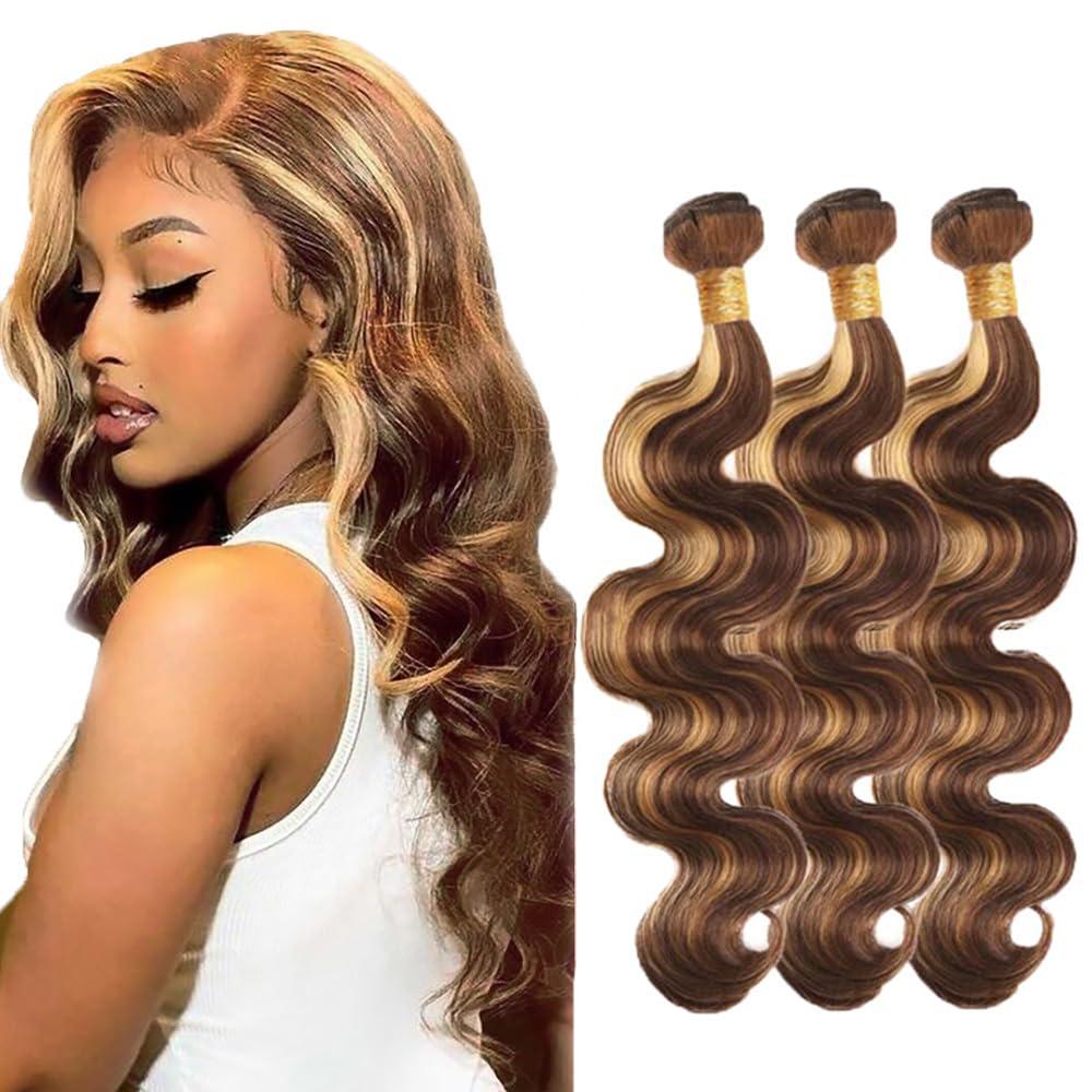 P4/27 Blonde Bundles Human Hair Body Wave Bundles Human Hair 14 16 18 Inch Brazilian Hair 3 Bundle Highlight Brown Unprocessed Virgin Remy Hair Extensions 50 Gram Per Bundle For Black Women