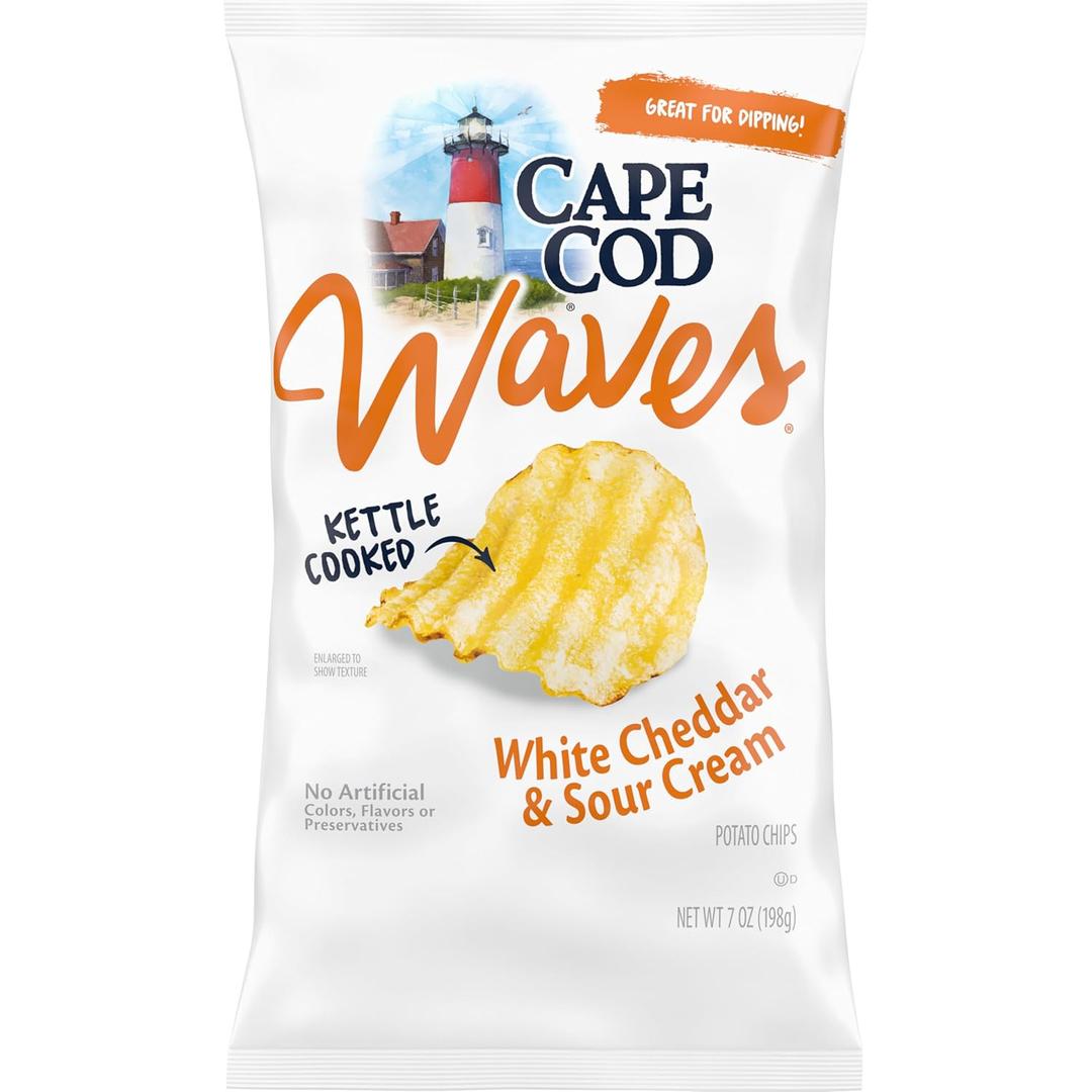 2 x Cape Cod Waves Potato Chips, Wavy Cut White Cheddar & Sour Cream Kettle Chips, 7 Oz