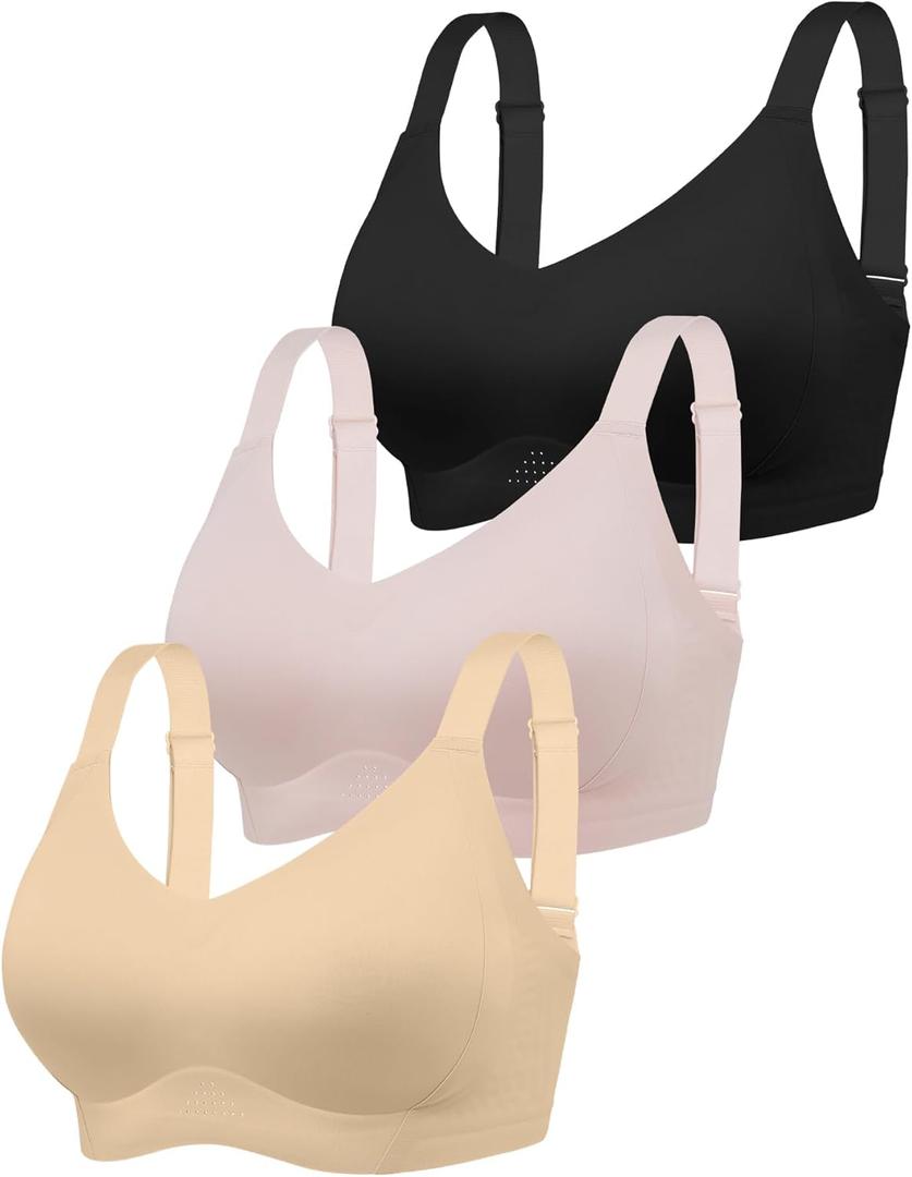 Wireless Jelly Bras for Women - Plus Size Full Coverage Seamless Bra No Underwire, Supportive T-Shirt Bralette for Older (3X-Large, Skin+black+gray Pink)