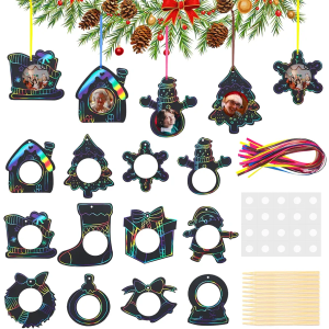 AmazingSpark 24 Pcs Christmas Photo Frame Ornaments DIY Scratch Paper Picture Hanging Frame Ornaments Rainbow Scratch off Cards for Christmas Tree Decoration Holiday Party Home Activities