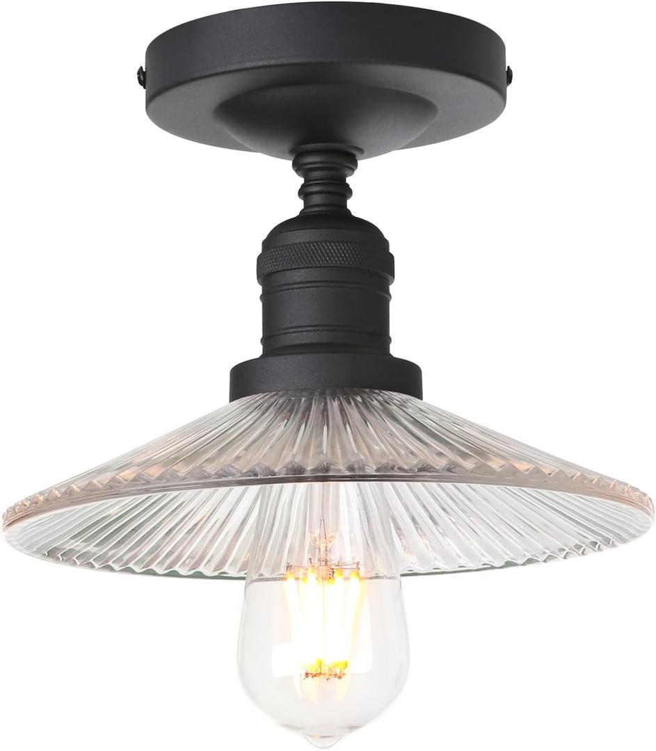 Industrial Semi Flush Mount Ceiling Light, Clear Striped Glass Lamp Shade Pendant Light Fixture, 1-Light Close to Ceiling Light Fixture for Hallway, Entryway, Kitchen, Bedroom (Black)