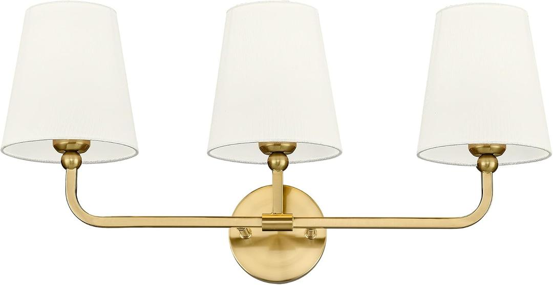 Bathroom Light Fixtures, Brushed Gold Vanity Lights with Beige Fabric Shade, 3-Light Wall Sconce, Modern Sconces Wall Lighting for Hallway Bedroom, VL837-BG-B-3