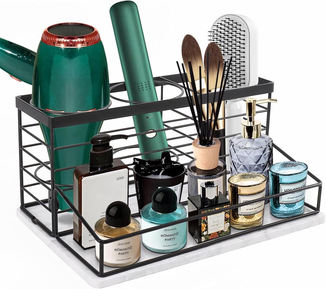 Hair Tool Organizer, Movable Hair Dryer Holder, Hair Styling Tools Storage for Vanity, Bath Counter Organizer, Bathroom Trays for Hair Toiletry, Makeup (12" x 7.7" x 5.8", Marble-Black)