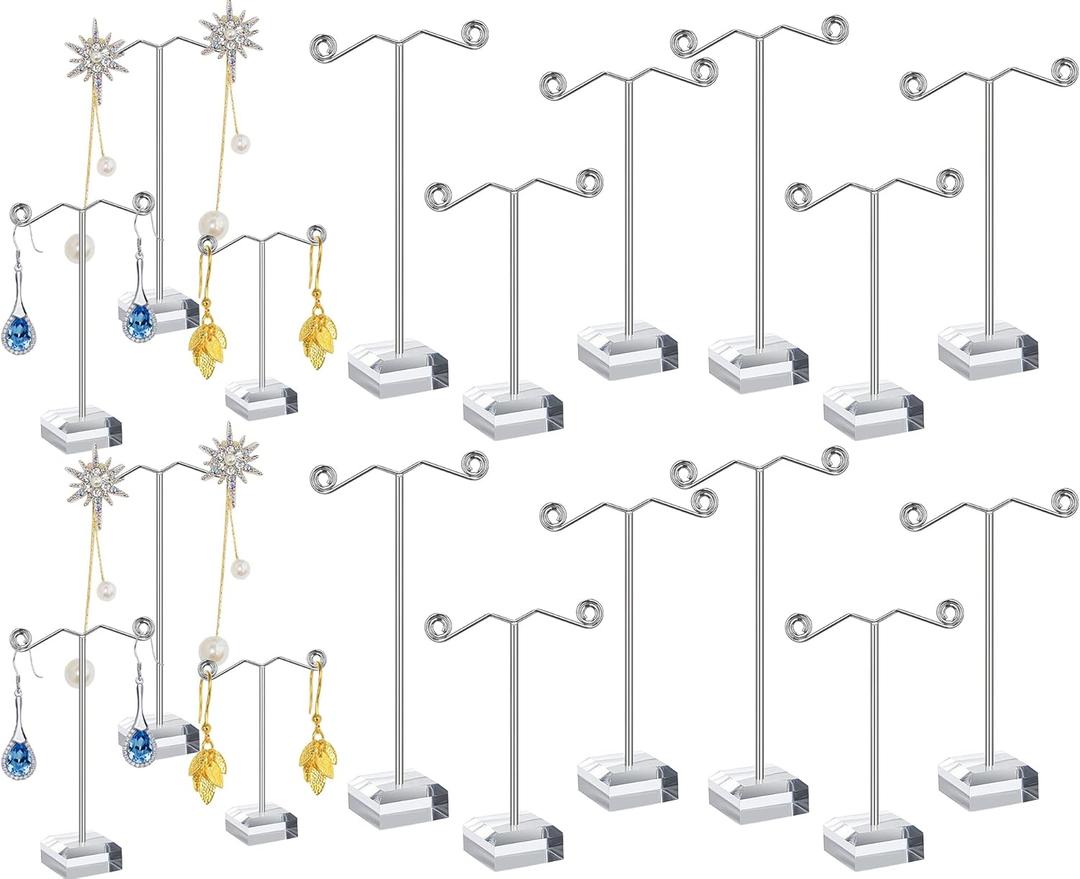 Macarrie 18 Pcs Metal Earring Holder T Bar Earring Display Stand Organizer Countertop Hanger Hanging Jewelry Towers with Acrylic Base (Clear)