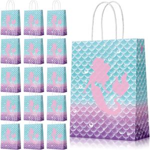 Jectivs 16 Piece Mermaid Birthday Party Favor Bags - Kraft Paper Gift Bags with Handles for Kids' Little Mermaid Themed Baby Shower Party Supplies