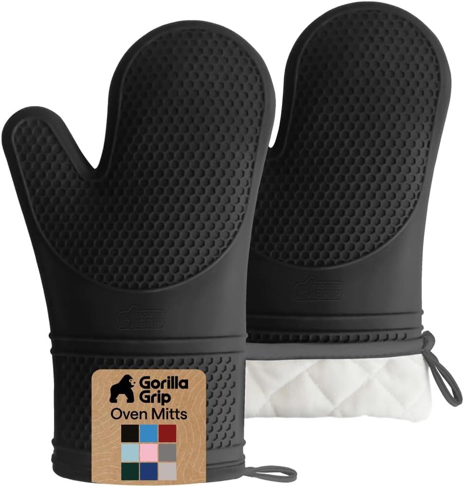 GORILLA GRIP BPA-Free Soft Silicone Oven Mitts, 550F Heat Resistant Waterproof Cooking Safety Gloves, Thick Cotton Lining, Flexible Gripping for BBQ Grilling, Kitchen Potholders Set, 12.5x7.5, Black