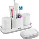 VITVITI Toothbrush Holders for Bathroom, Bathroom Organizer Storage Set with 2 Bathroom Tumblers, for Vanity Countertop/Toothpaste/Kids, 5 Compartments White + Gray Plastic