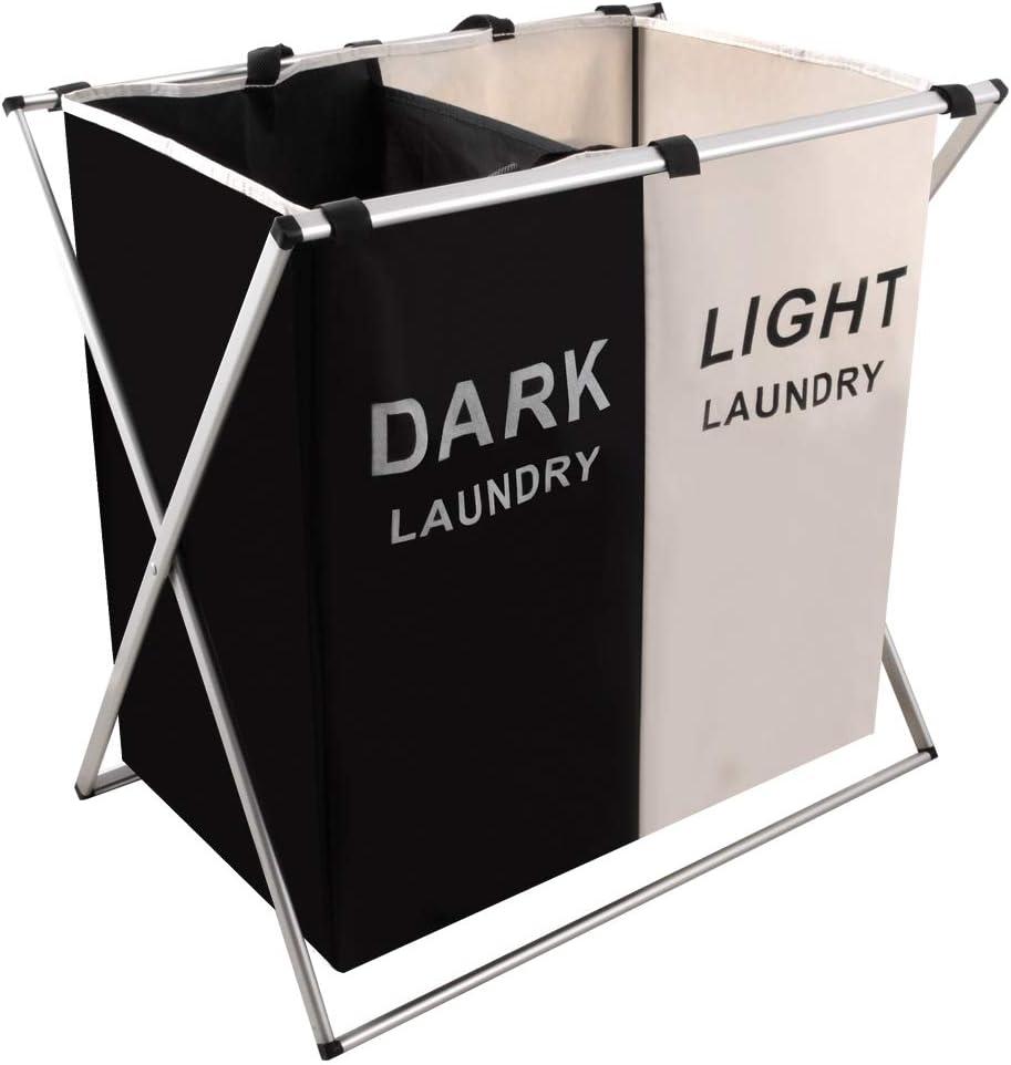 Nicesail Laundry Basket 2 Section Hamper Washing Storage Basket Bag, Folding Hamper Waterproof & Aluminum X-Frame, Cloth Organizer Durable Laundry Basket for Bathroom Home with Carrying Handle