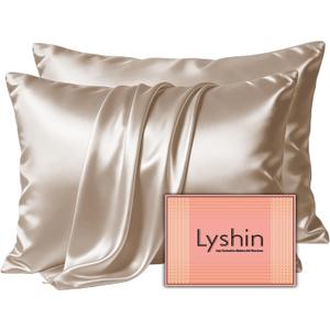 LYSHIN Silk Pillow Cases 2 Pack King Size with Zipper, Champagne | 19 Momme Mulberry Silk Pillowcase for Skin and Hair, Anti-Acne, Hypoallergenic, Cooling, Beauty Sleep, Gifts for Women