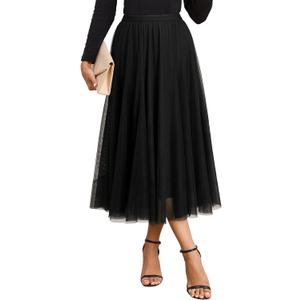 Happy Sailed Womens Tulle Skirt Elastic High Waisted A-Line Layered Flowy Long Skirts Date Night Outfit (Medium)