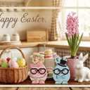 Pinkunn 2 Pcs Easter Egg Table Wooden Signs Egg Couple Easter Table Centerpiece Decorations Color Eggs with Glasses Necklace Bow for Spring Party Kitchen Office Dining Room Home Decor
