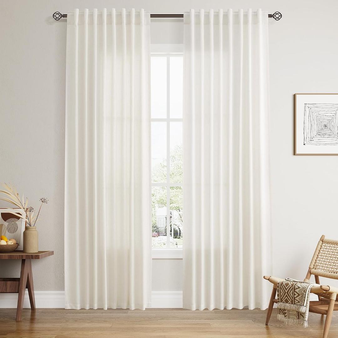 Nanspring Cream Linen Curtains 84 Inch Length for Living Room Natural Light Filtering Window Treatments with Back Tab Rod Pocket Rustic Semi Sheer Drapes for Dining Bedroom 2 Panels W60 x L84