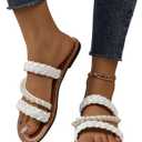 Verdusa Women's Pearls Braided Flat Sandals Open Toe Slip On Beach Slides (White)