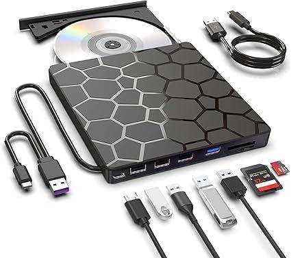 ASHDOL External CD DVD Drive,8 in 1 USB 3.0 and TypeC Disc Reader Writer Burner Player,Slim and Portable CD DVD +/RW Optical Drive for PC Laptop Desktop MacBook Mac Windows Linux OS Apple (8 in 1)