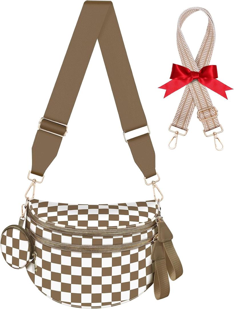 Bum Bags for Women Checkered Crossbody Bag Large Nylon Belt Purse Fanny Packs, Bonus with a Extra Strap