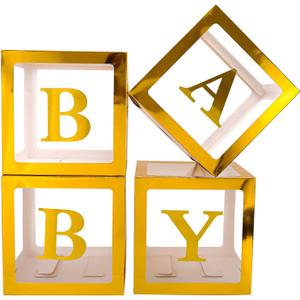 Sooyee Gold Clear Baby Boxes with Letters for Baby Shower Birthday Party Decorations, Transparent Ballon Boxes Backdrop,Gender Reveal, Baby Blocks