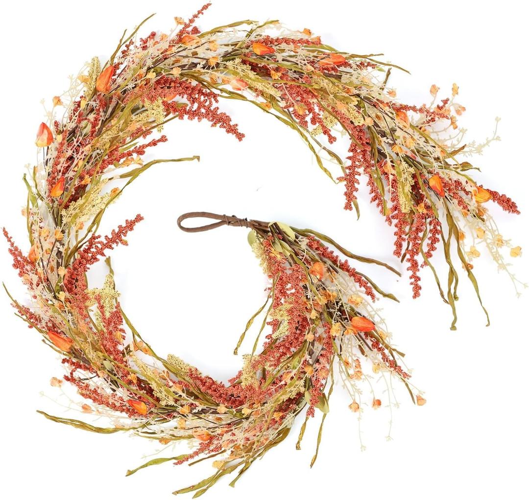 6.5 Ft Fall Straw Garlands for Mantle Thanksgiving Artificial Wreath Garland with Eucalyptus Floral Wreath Autumn Harvest Flower Garland Home Decor for Home Wedding Fireplace Autumn Indoor Decor