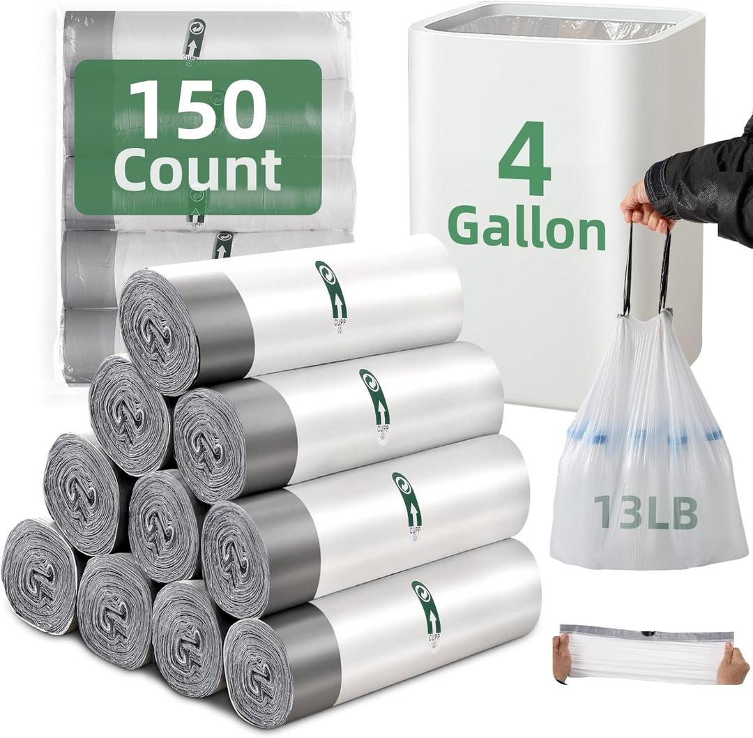 4 Gallon Small Bags 150 Counts Bag Extra Strong Drawstring Small Garbage Bag Clear Bags for Bathroom Bedroom Office Kitchen Can