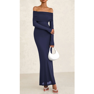 PRETTYGARDEN Fall Dresses for Women 2025 Elegant Off The Shoulder Long Sleeve Formal Wedding Guest Bodycon Maxi Dress(Navy,Medium)