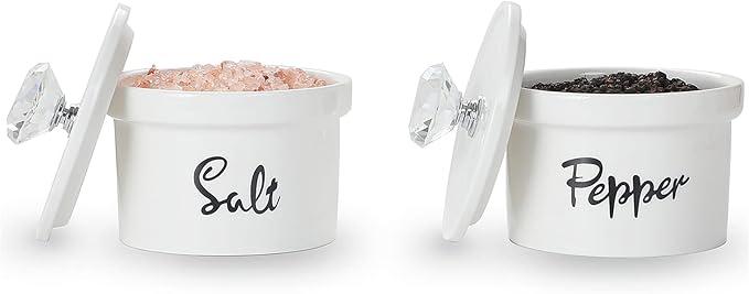 HAOTOP Salt and Pepper Bowls with Crystal Lid, 12.5 oz Ceramic Salt Pepper Container for Countertop,Farmhouse Kitchen Decor, Set of 2 (Silver)