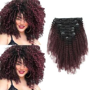 Afro Kinky Curly Clip in Hair Extensions Two Tone Omber Natural Black Fading to Cherry Wine 4B 4C Curly Clip in Hair Extensions 7 Pcs with 17 Clips 120 Grams 20 Inch (#1B/99J)