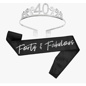 BLUE PANDA 40th Birthday Sash and Tiara for Women, Forty and Fabulous Party Decorations (Black Satin 40th Birthday Sash For Women)