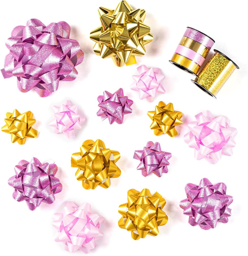 WRAPAHOLIC 16 Pcs Gift Bows Assortment - 14 Multi Colored Assorted Size Gift Bows(Pink, Gold), 2 Crimped Curling Ribbons, Perfect for Holiday, Party (Pink & Gold -16 Pcs)