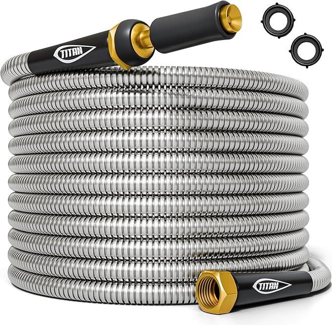 TITAN Garden Hose 50FT  304 Stainless Steel Metal Water Hose, Flexible, KinkFree, Lightweight, Durable, Crush Resistant Fittings, Easy to Coil, 500 PSI