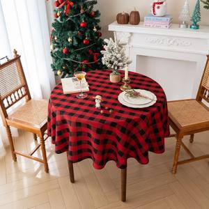 Christmas Gingham Tablecloth Heavy Duty Cotton Blend Red 60 inch Round Christmas Table Cloth Reusable Waterproof Foldable Tablecloths Xmas Table Cover for New Year Party Decor