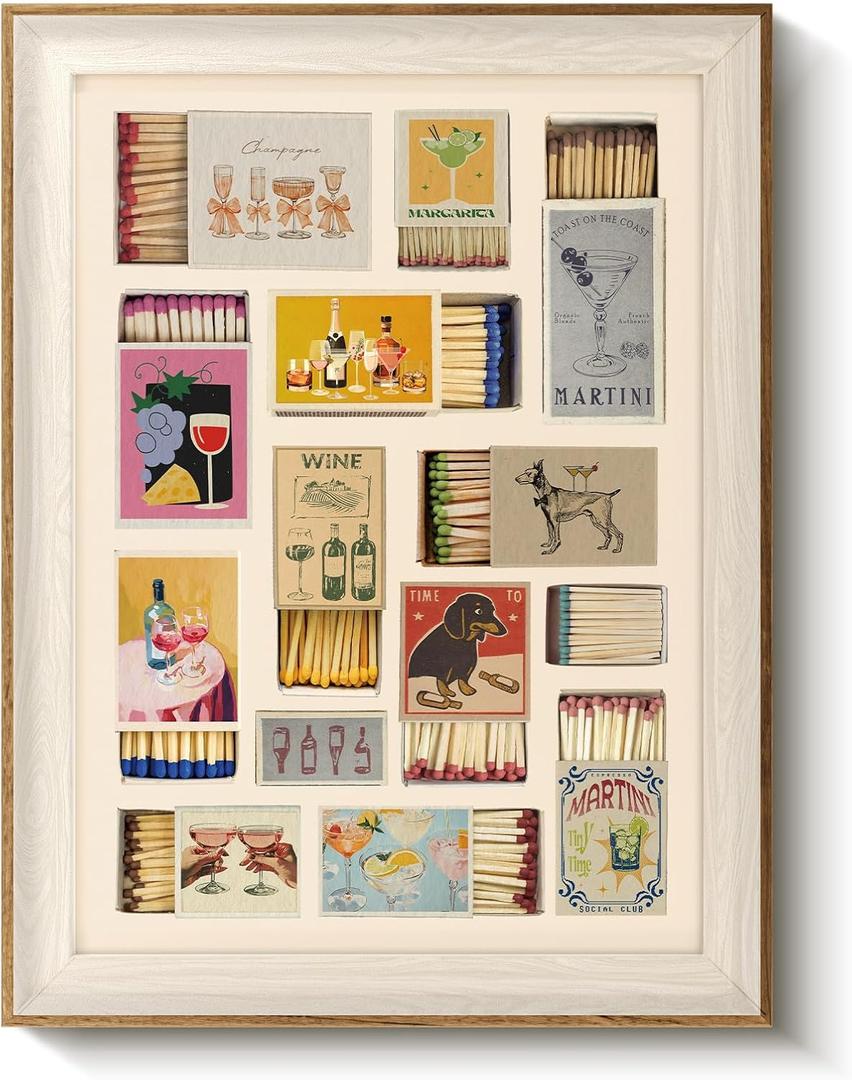 VIYYIEA Framed Vintage Matchbox Wall Art, Mid-century Retro Cocktail and Drink Canvas Painting, Modern Home Decor for Kitchen Bar and Dining Room, 12x16 Inch