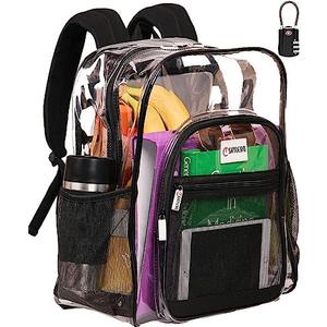 Clear Backpack Heavy Duty has TSA Lock, 2-Way Zipper. PVC Transparent Backpack X-Large - H18''xW14''xD8 - Black
