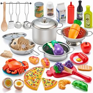 Pretend Play Accessories - 52pc Kids Kitchen Playset with Play Food, Stainless Steel Cookware, Toys Pots and Pans, Toddler Kitchen Set with Cuttable Toy Food - Boys and Girls Gift