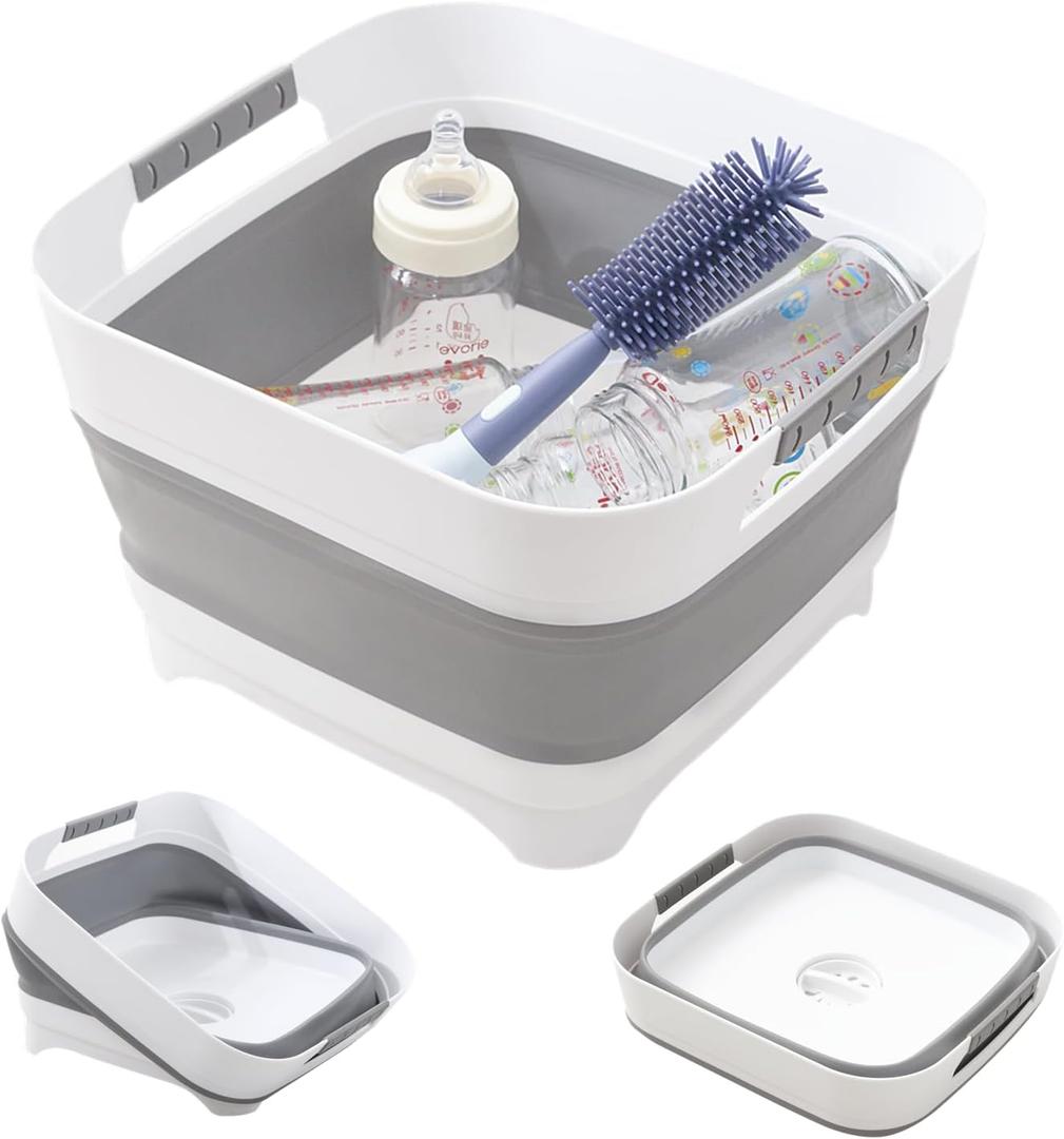 Collapsible Wash Basin for Baby Bottles - 2.4 Gallons Portable Wash Bin for RV Camping Sink, Space-Saving Dish Tub.Laundry & Utility Room Sinks (Gray)