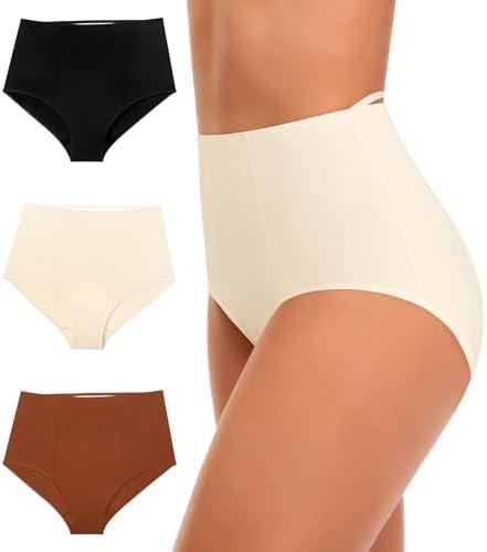 CULAYII High Waisted Underwear for Women Cotton No Muffin Top Full Coverage Briefs Soft Stretch Ladies Panties 3Pack, M Black Brown White