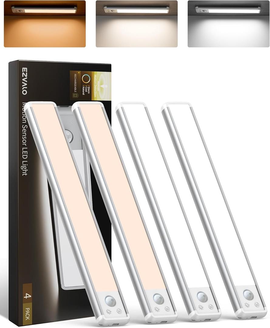 EZVALO 4-Pack Under Cabinet Lighting, 12-inch Motion Sensor Light, 2400mAh Rechargeable, 3 Color Temperatures, Dimmable, Magnetic Wireless Lighting for Kitchen, Closet, Pantry, Stairs (11.8 inch)