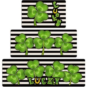 3 Pcs St Patricks Day Kitchen Rugs and Mats Set Shamrocks Non Slip Rug Waterproof Floor Mat for Irish Saint Patricks Day Home Bar Office Bathroom Party Decor