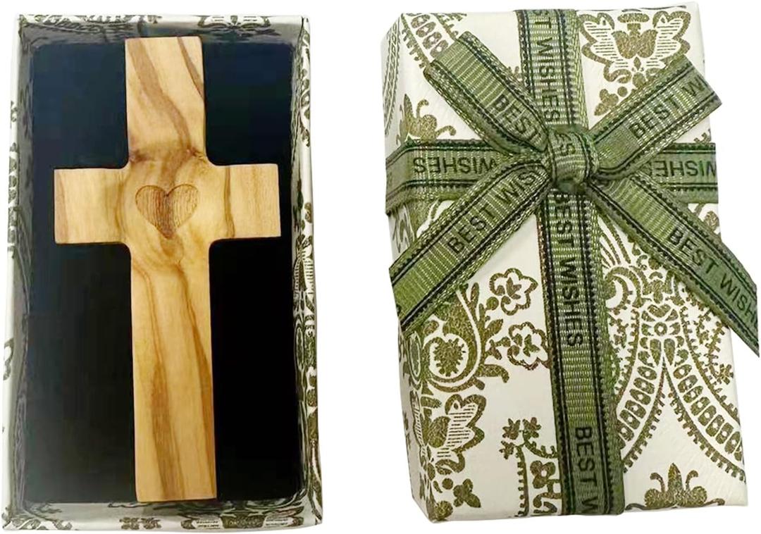 SELIAWARE Handheld Cross for Baptism/Birthday/Confirmation Gift Engraved Heart Olive Wood