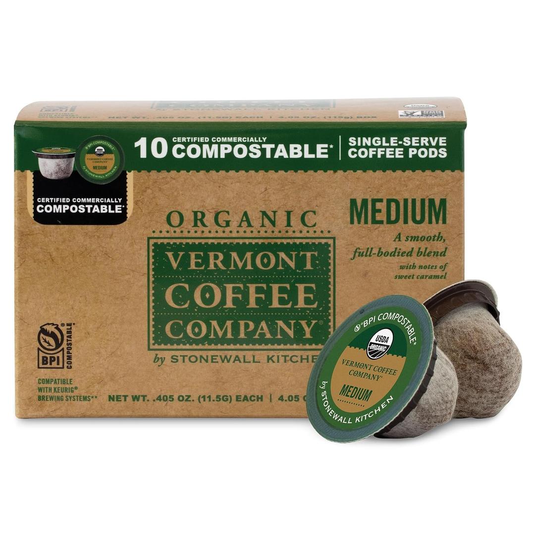Vermont Coffee Company, Organic Medium Roast, Single-Serve Organic Compostable Coffee Pods, 10CT, Compatible with Most Kcups Brewing Systems, Made in the USA (EXP 04/27/27)