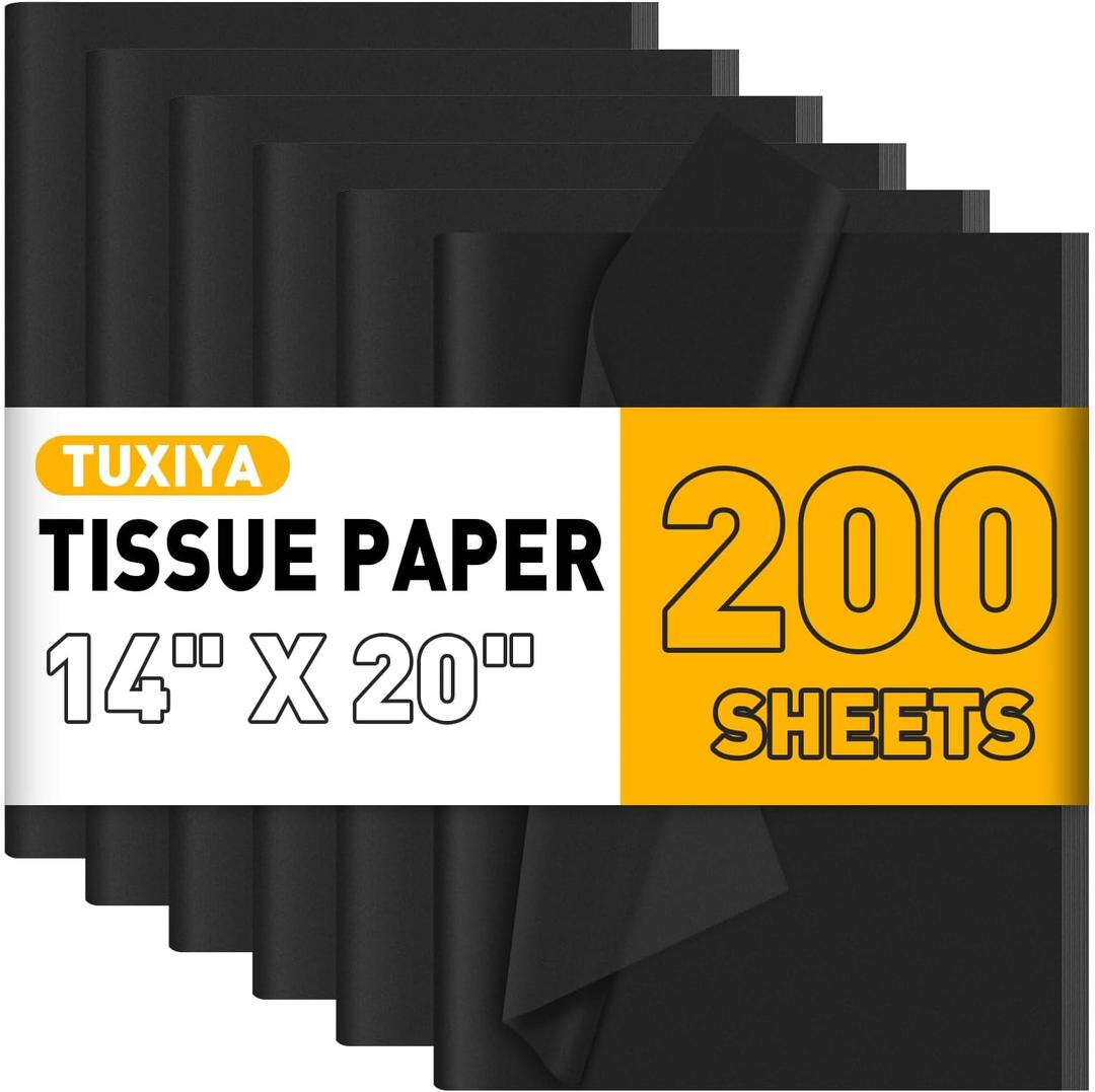 TUXIYA 200 Sheets Black Tissue Paper for Gift Bags,14 X 20Inch Black Wrapping Tissue Paper Bulk for Gift Packaging Filler Art Crafts DIY Birthday Wedding Halloween Christmas