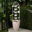 Alpine Corporation 30" Tall Metal Rustic Water Fountain with Decorative Flower, Cascading Waterfall Feature for Gardens, Patios, and Outdoor Decor, White